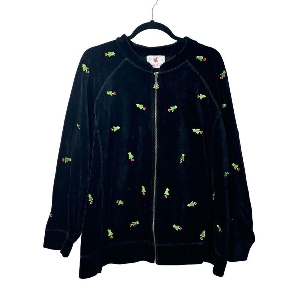 Quacker Factory little Christmas tree appliqué black velour zip jacket 3X